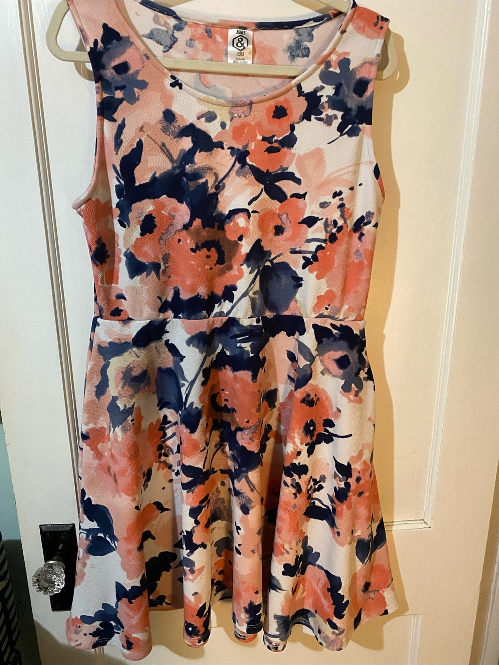 Agnes & Dora White Floral Fit-and-Flare Dress with Coral and Navy